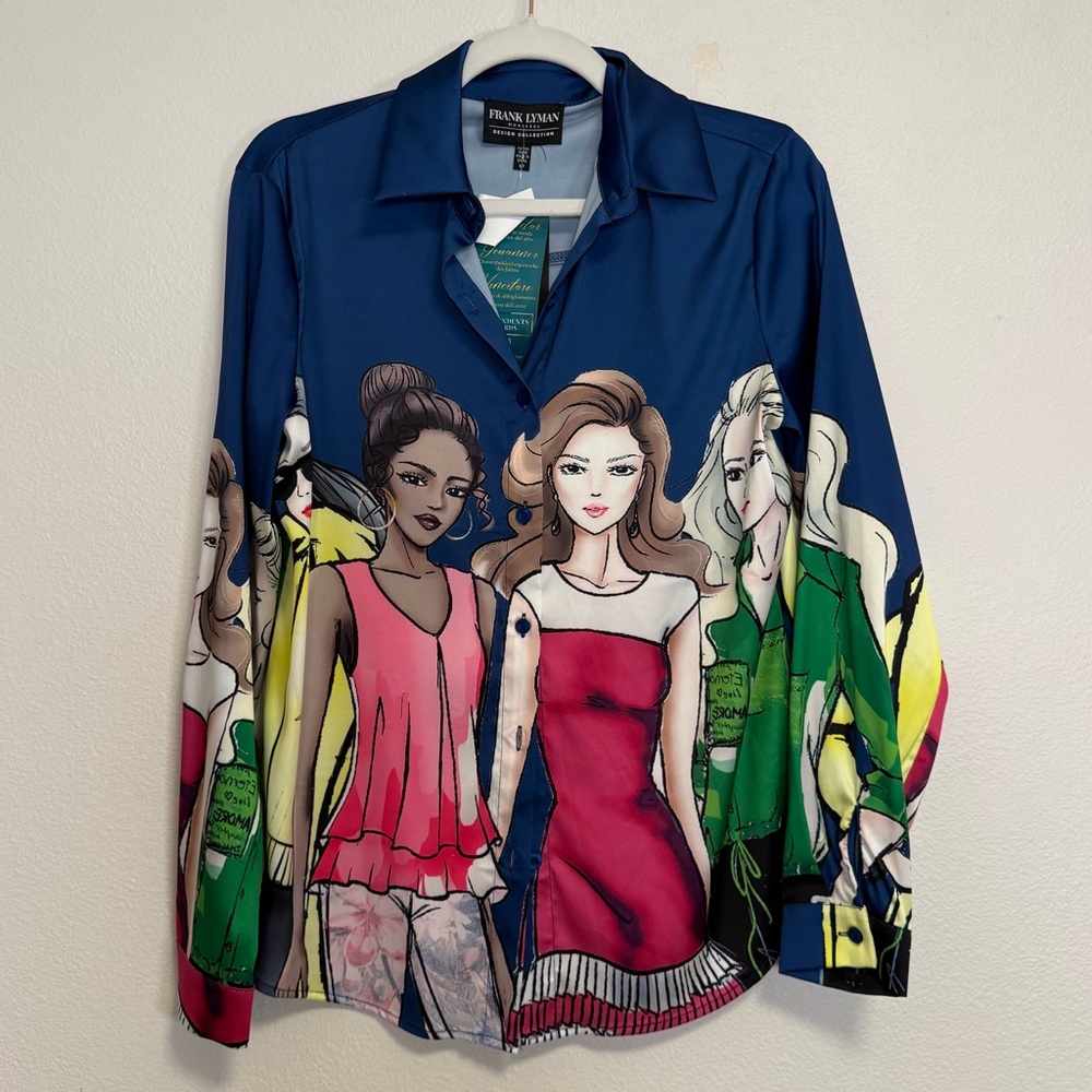 Frank‎ Lyman Navy/Multi bright graphic print button up Blouse Sz S NWT